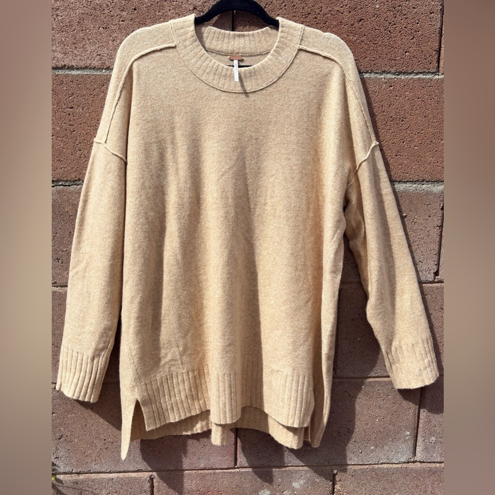 Free People Phoebe Pullover Tunic Sweater Slouchy Oversized Women’s Large Beige - Picture 2 of 5
